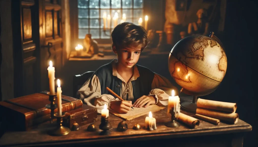 a-young-boy-at-a-desk-with-a-globe-candles-and-ancient-scrolls-looking-thoughtful-and-writing-notes.-the-setting-is-an-old-style-study-room-with-wo_batcheditor_fotor