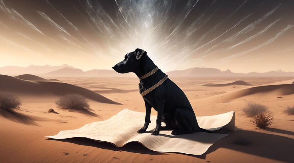 A black dog sitting in a desert