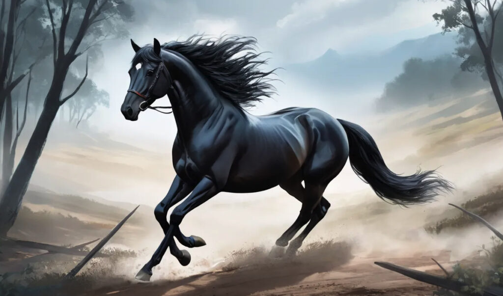 A black horse running in the jungle